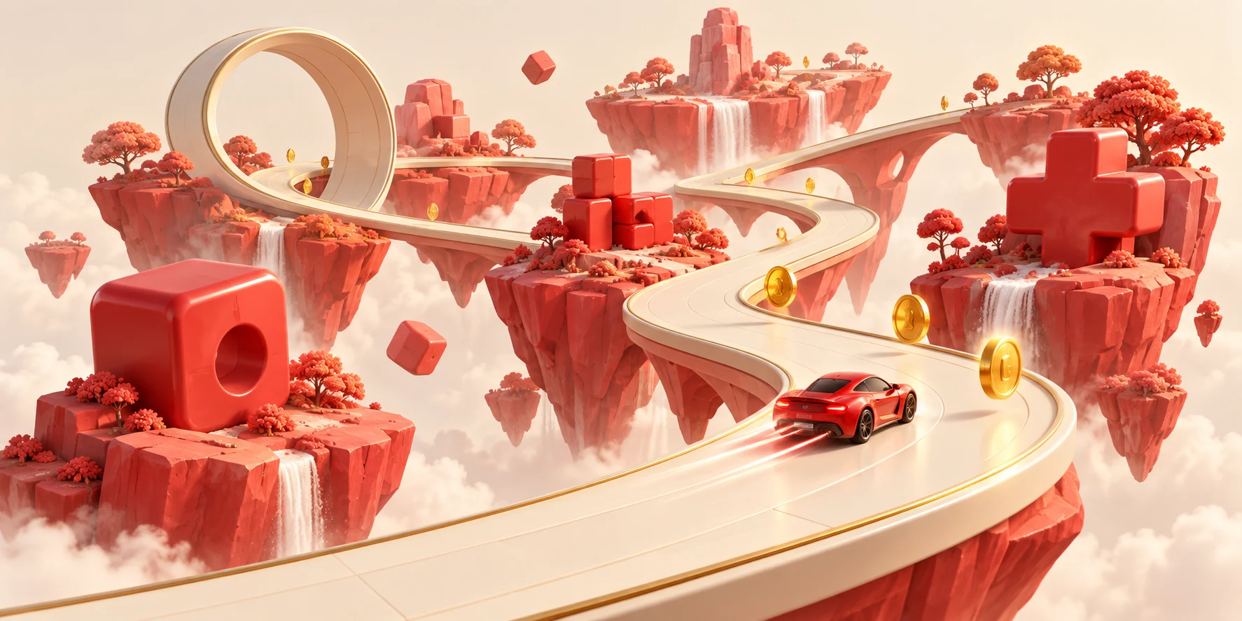 A playful world of racing tracks, puzzle blocks and coins