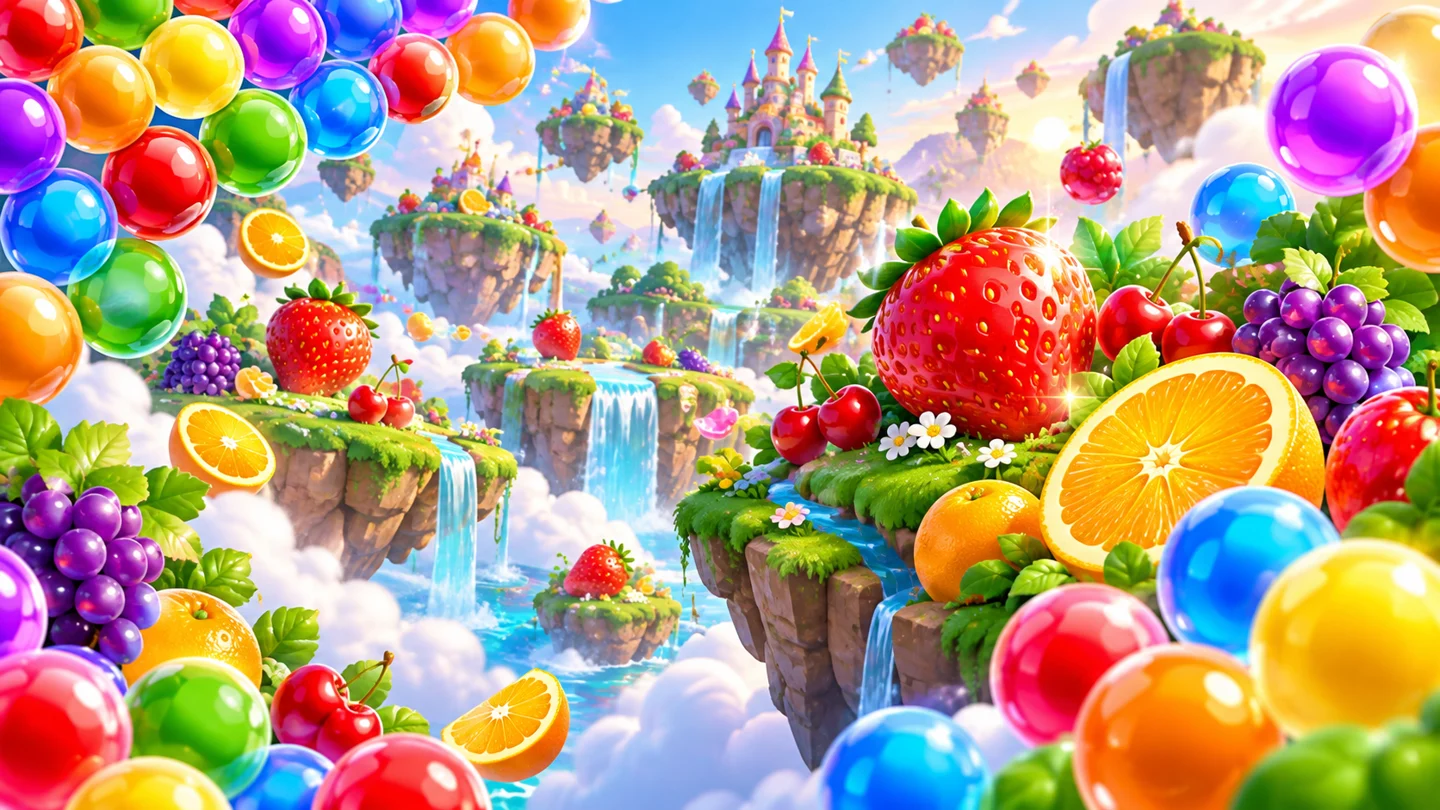 Colorful bubbles and fruit in a playful puzzle world